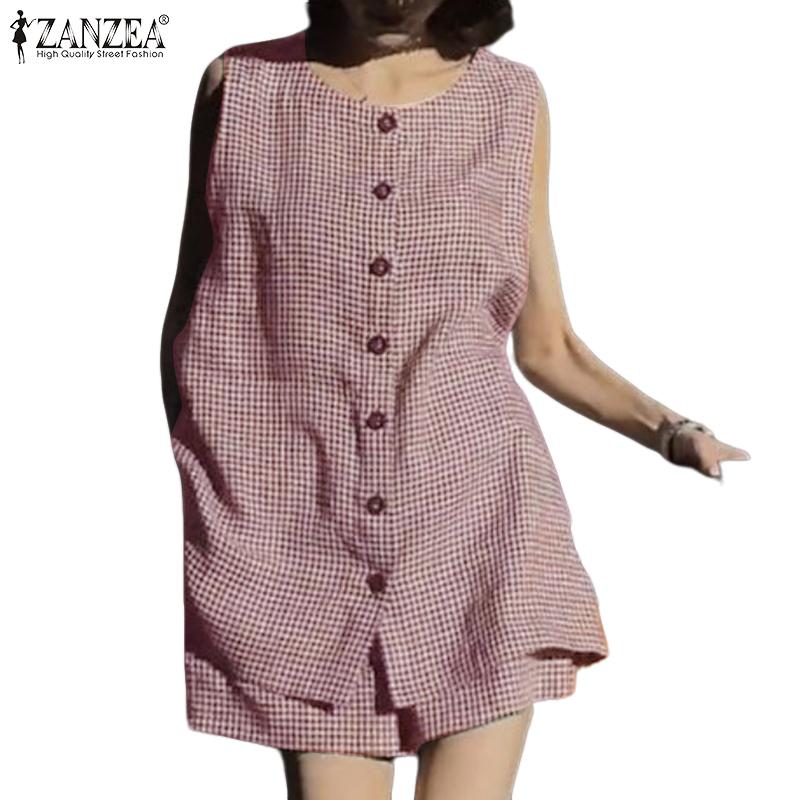 ZANZEA Women Sleeveless Vest and Shorts Summer Plaid Print Two Piece Suit Sets