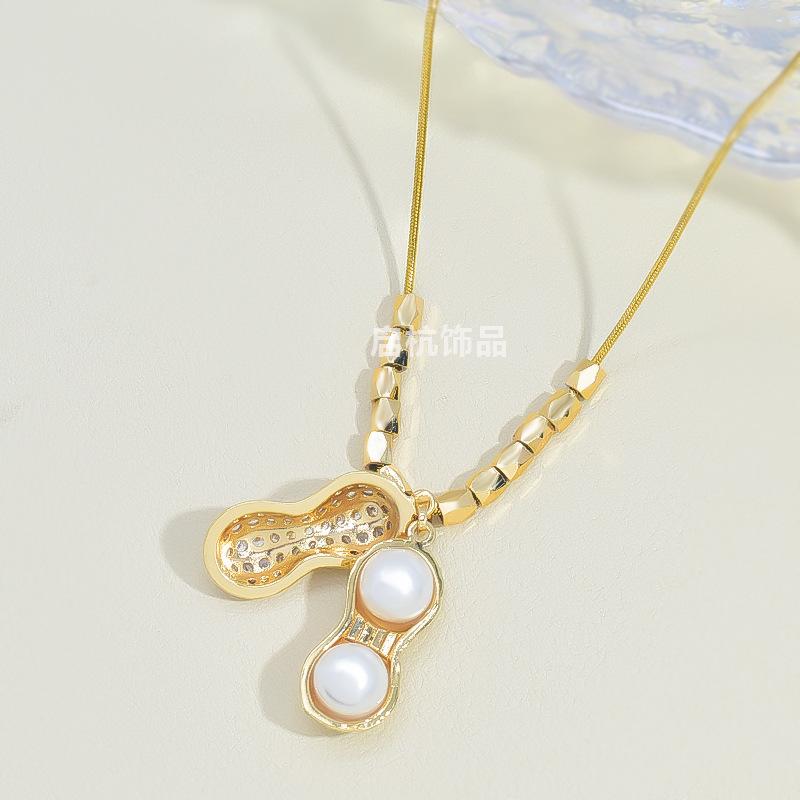 Lucky Peanut Necklace Women'S Chinese Style Retro Trend Versatile Zircon Pearl Pendant Jewelry