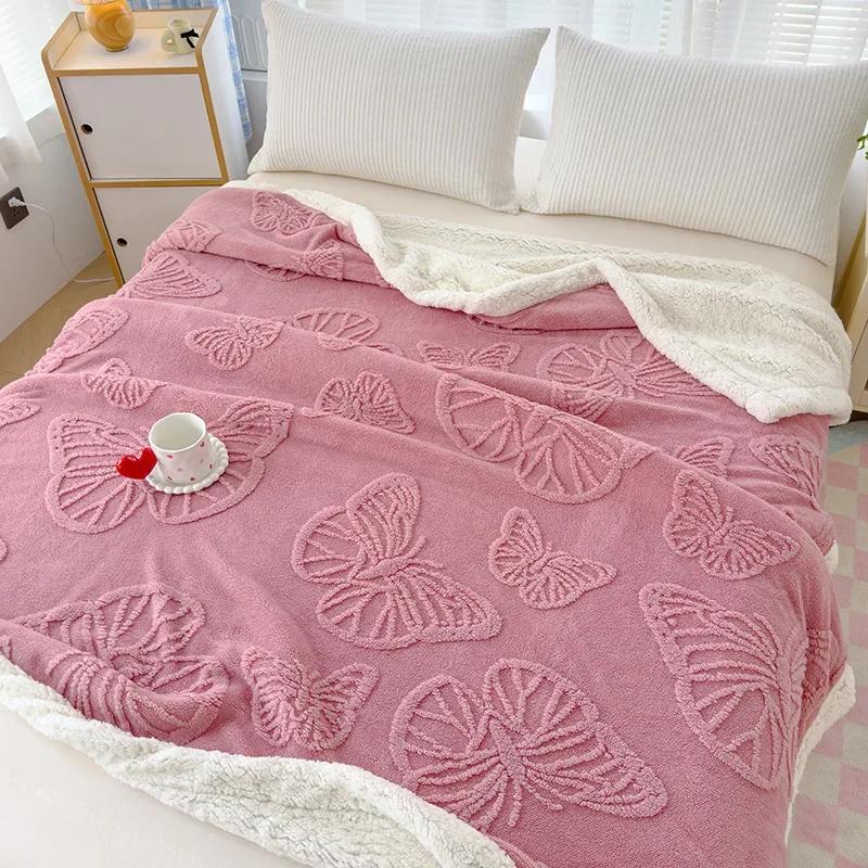 JSoft Warm Coral Fleece Blanket Pink Butterfly Jacquard Winter Thermal Sofa Throw Thick Bed Blanket Nap Knee Small Quilts