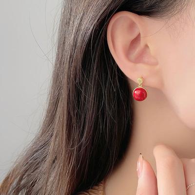 Imitation of Nanhong Ping'an Buckle Earrings Exquisite Temperament New Chinese Red Earrings Niche Design Sense