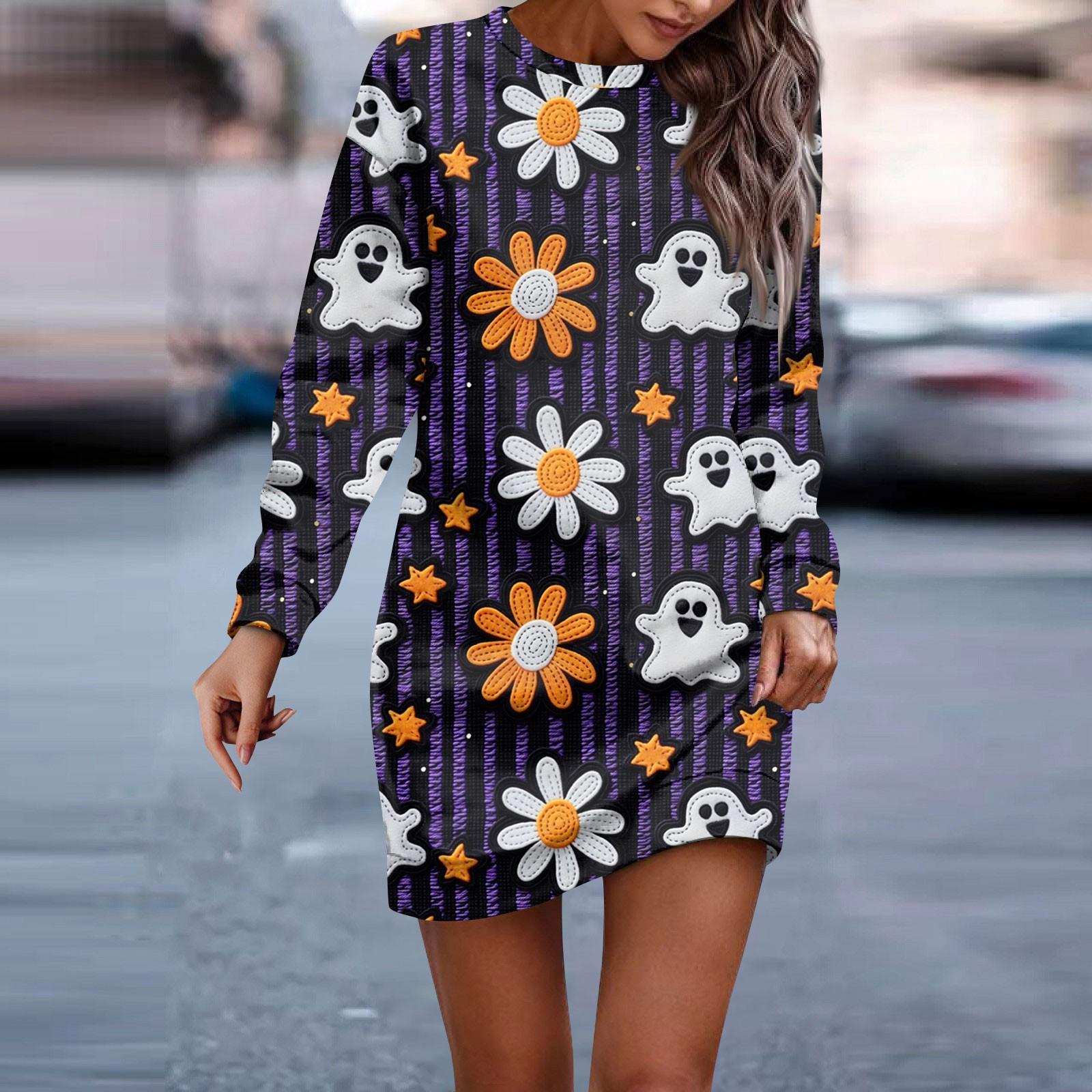 

Женское платье с круглым вырезом и принтом на Хэллоуин с длинными рукавами и бедрами, платья-толстовки XXXL фиолетовый