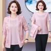 2PCS Knitted Tops Set Women Thin Knitted Cardigan Printed Short Sleeve Knitted T-Shirt Plus Size Open-front Knitted Jacket T-Shirt Outfits