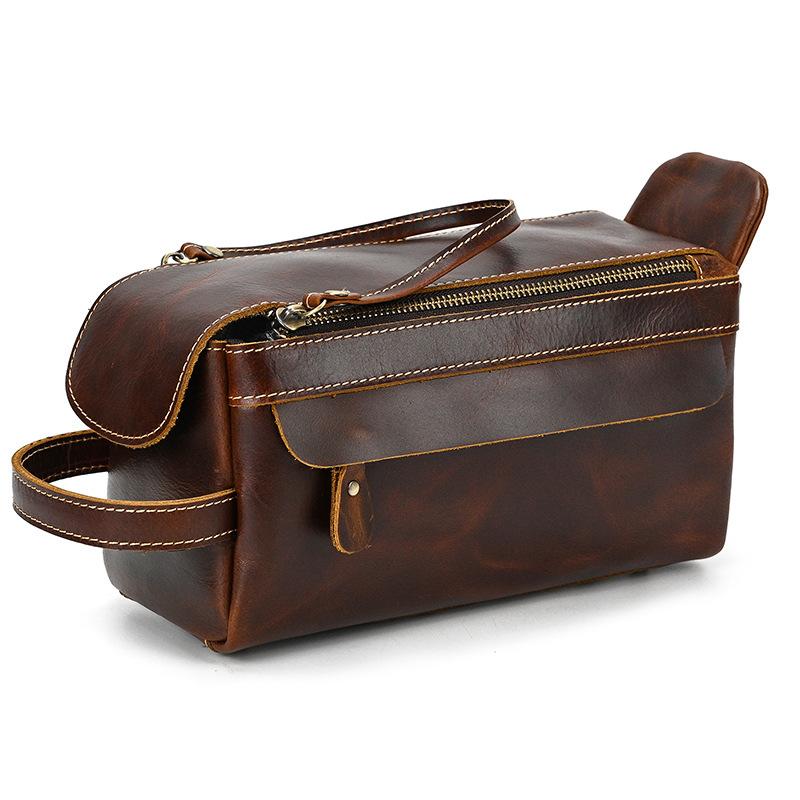 New Men's Crazy Horse Leather Handbag Multi Functional Genuine Leather Toilet Bag Large Capacity Women's Storage Bag