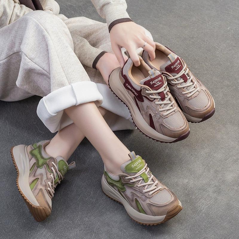 GKTINOO Women Genuine Cow Leather Sneakers Thick Soled Lace-Up Spring Autumn Lady Casual Flat Shoes Lightweight Women Shoes