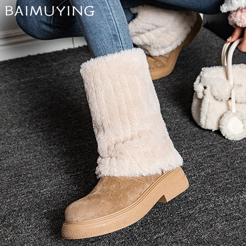 Pelz Plateau Damen Stiefeletten Wildleder Mittelhoch Absatz Modeschuhe Frau 2025 Trend Winter Lässig Walking Gemütlich Warm Schnee Stiefel Weiblich
