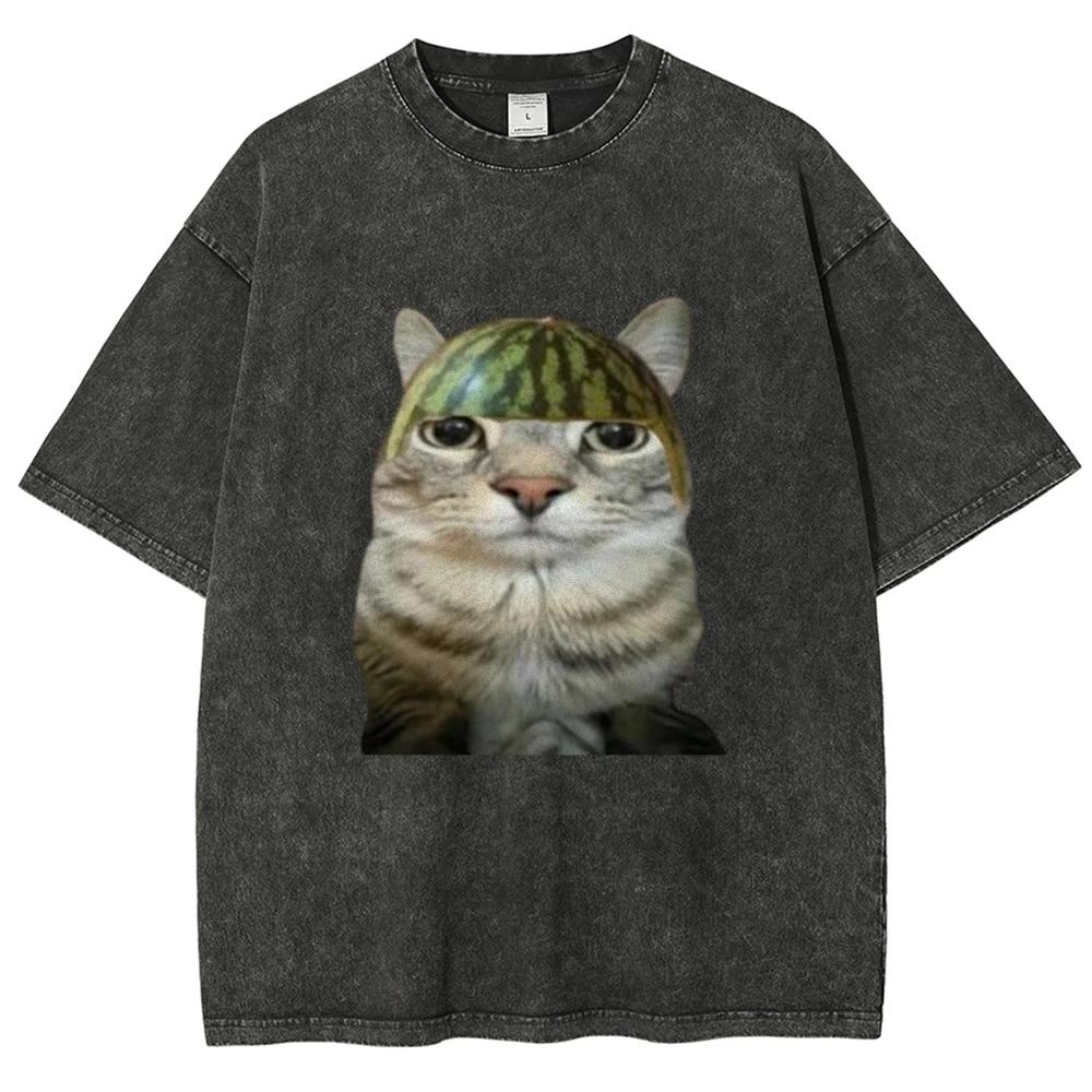 

Футболка Мем Глупый Кот Арбуз Стильная Оверсайз Унисекс Топ Мужская Женская Графическая Хлопковая Футболка Уличная Одежда S