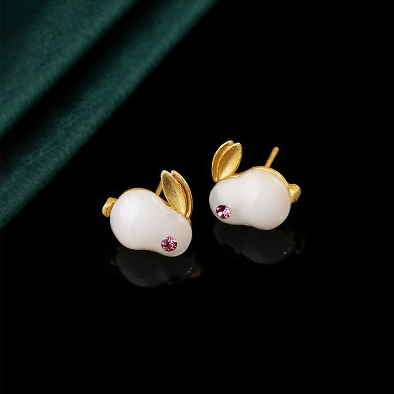 925 Sterling Silver Jade Rabbit Stud Earrings - Chinese Style Hetian Jade, Women s High-End Niche Design, Light Luxury Ear Hooks Electroplated Gold