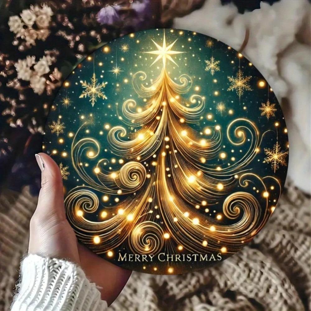 Festive Christmas Tree Metal Sign with Golden Swirls & Stars, Aluminum Holiday Door & Room Decor