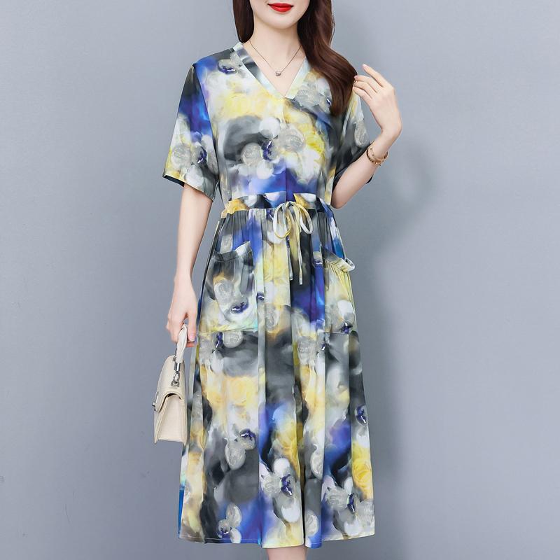 Elegantes Sommerkleid für Damen Vintage Kleidung Übergröße Lässig Kurzarm Langes Kleid