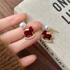 Red Velvet Wooden Horse Pendant Pearl Earrings - Zodiac Year of the Horse, Autumn/Winter Luxury Studs.
