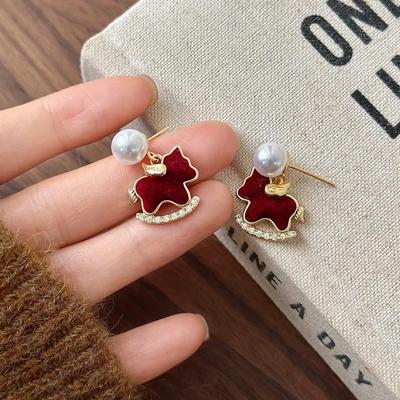 Red Velvet Wooden Horse Pendant Pearl Earrings - Zodiac Year of the Horse, Autumn/Winter Luxury Studs.