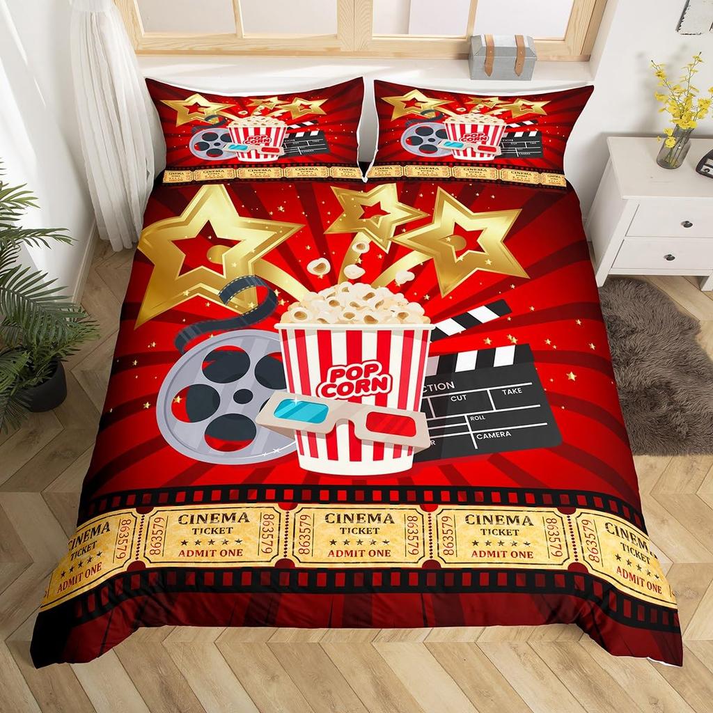 Movie Themed Bedding Set Full Queen for Boys Girls Family Home Theater Decor Vintage Comforter Cover Film Theme Duvet Cover Set