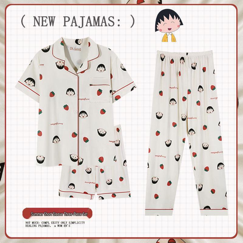 Pastoral Women's Pajama Set: Soft, Cute Rabbit Design, Short-Sleeve, Casual Three-Piece Loungewear.