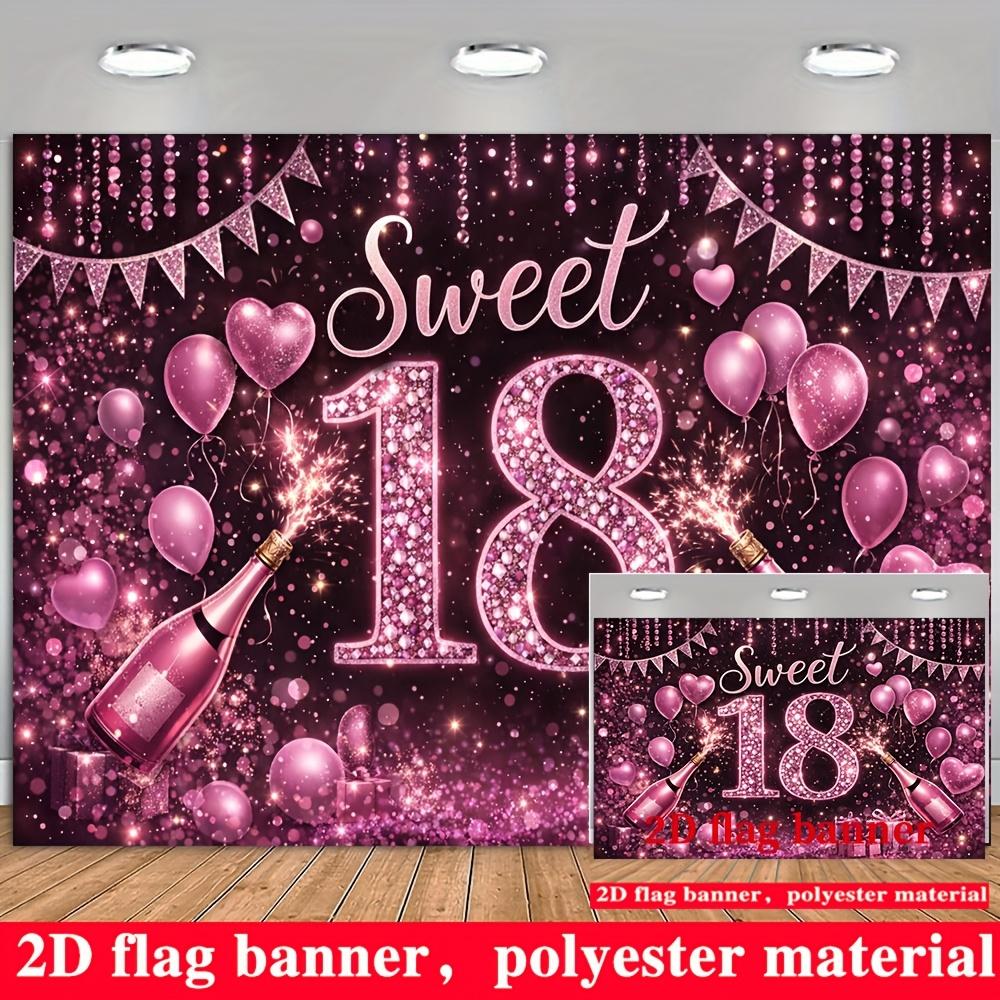 Sweet 18 Birthday Banner Backdrop Purple Glitter Balloons Champagne Hearts