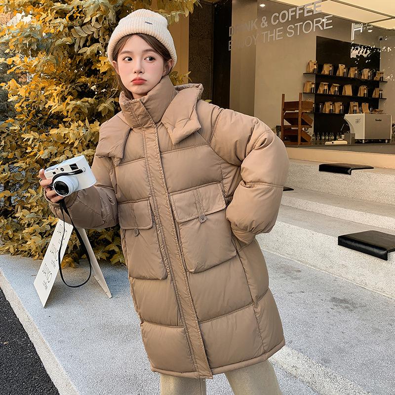 

Зима 2025 новая корейская версия утолщенная куртка хлопковая ниже талии женская средней длины с капюшоном модная зимняя куртка для тепла XXL хаки