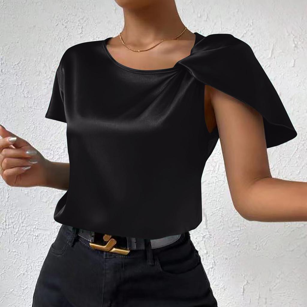 Top peplum holgado de Color liso plisado de satén elegante informal para mujer camisa con cuello asimétrico con detalle de mujer