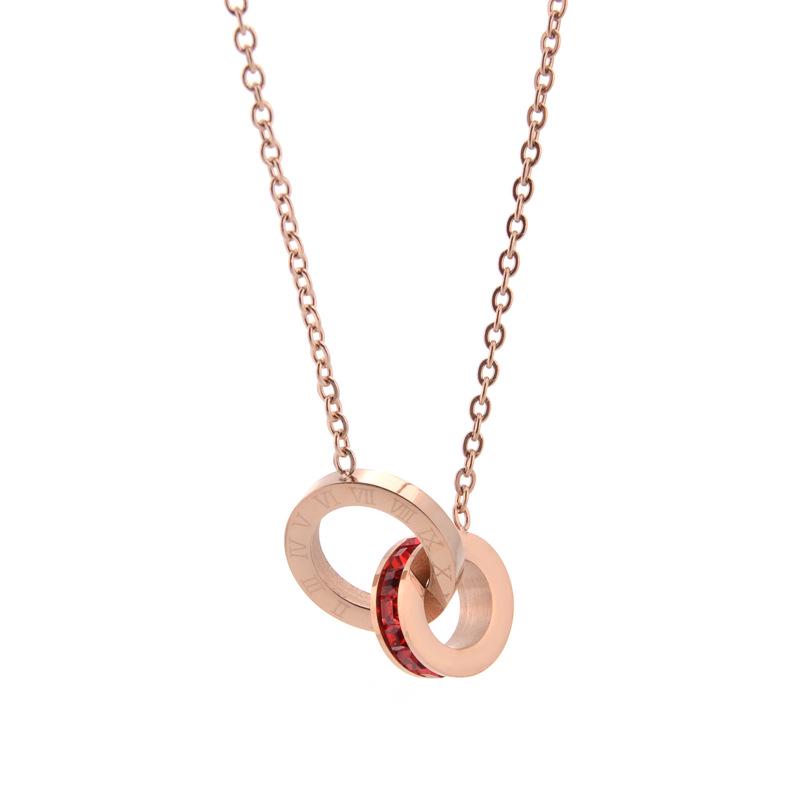 18K Multi-color Zircon Roman Numeral Stainless Steel Necklace for Wealth and Luck, Non-fading Double Ring Titanium Steel Design. красный