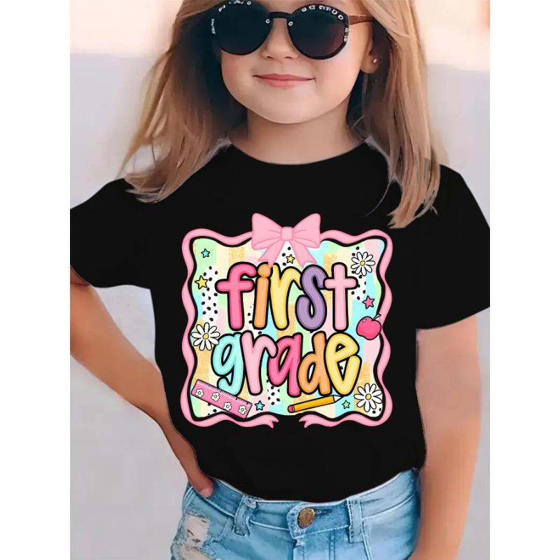 European Size Girls School Season Crew Neck Short Sleeved T Shirt with Bow Tie and Flower Pattern