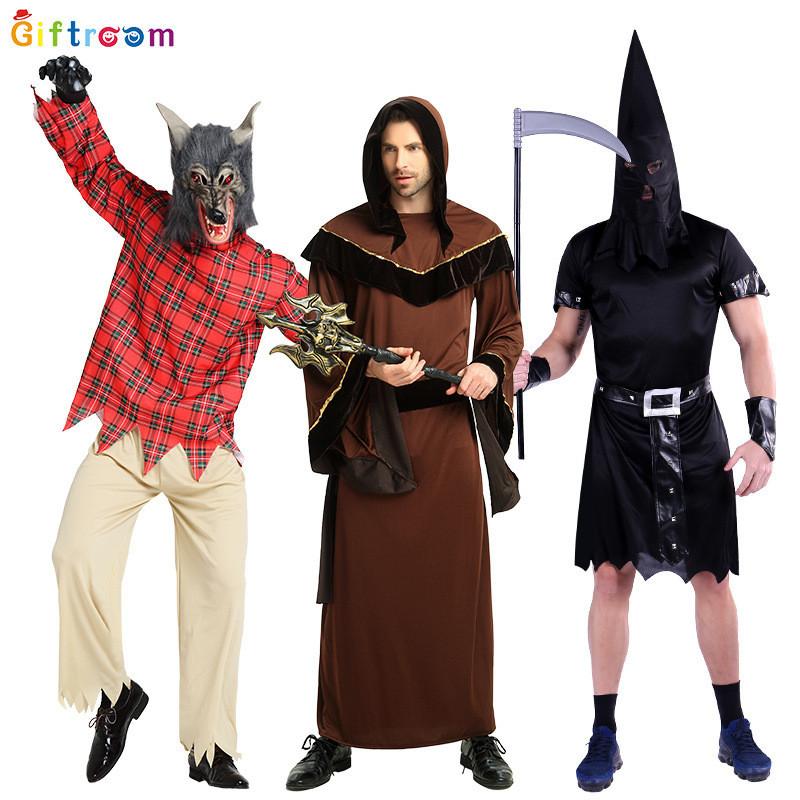 Mysterious Black And White Long Robe For Men Perfect For Halloween Festivities And Stage Events