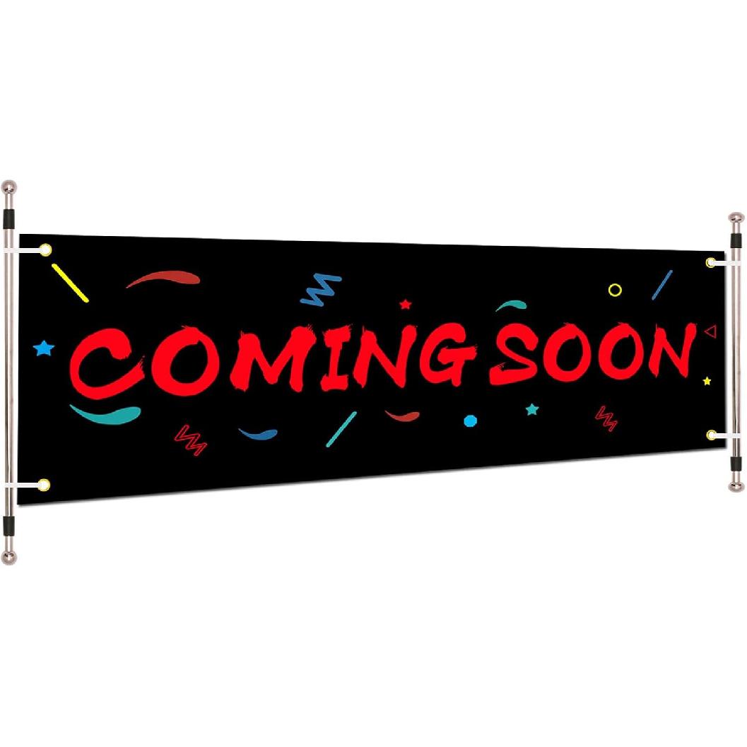 Coming Soon Banner, Coming Soon Large Sign,Outdoor Indoor Store Signs, Shop, Store Display (9.8x1.6 Feet) Red and Black Oxford