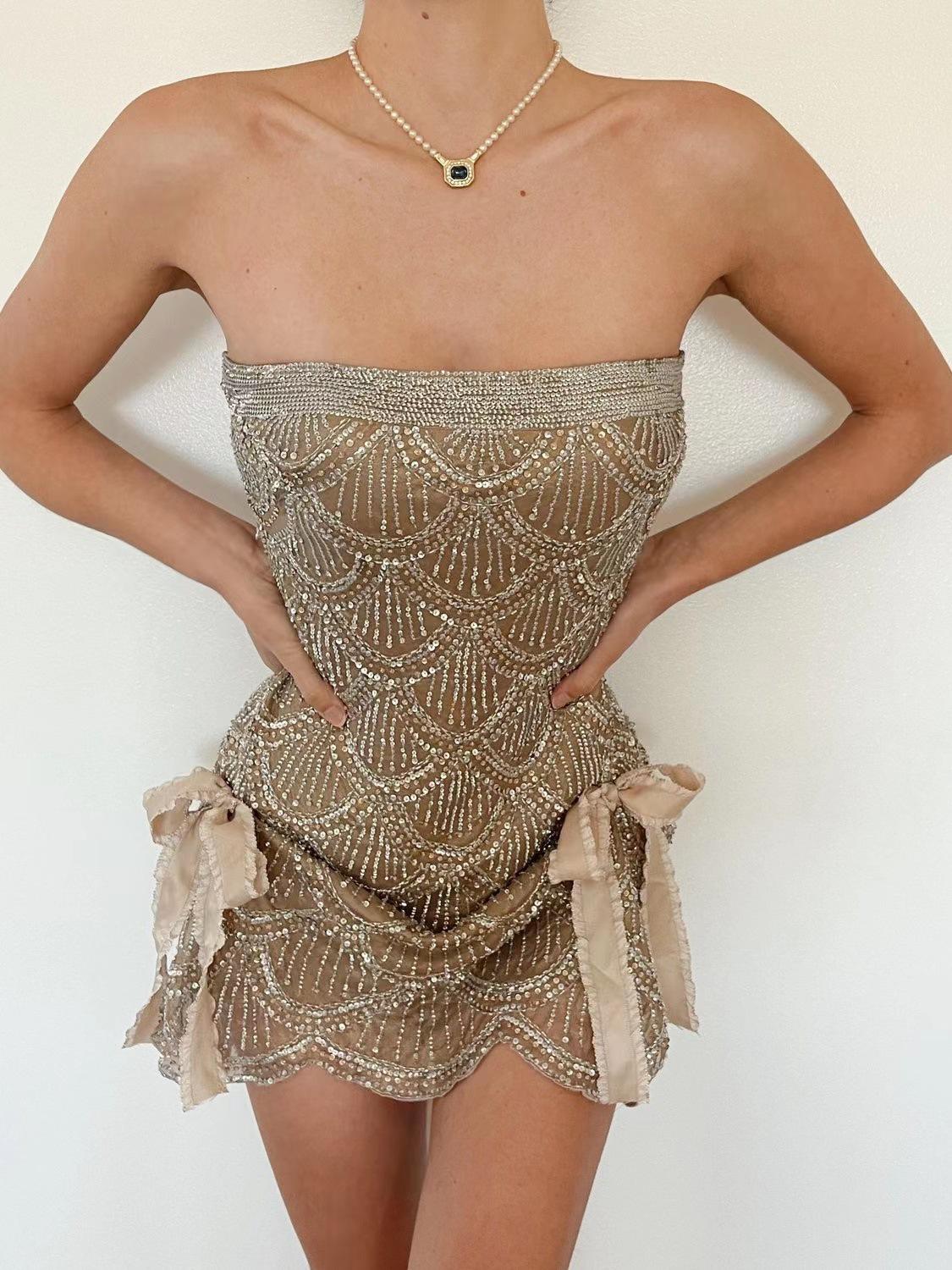 

Элегантное мини-платье с пайетками весна/лето 2023 года — стильная праздничная одежда без бретелек Large шампанского