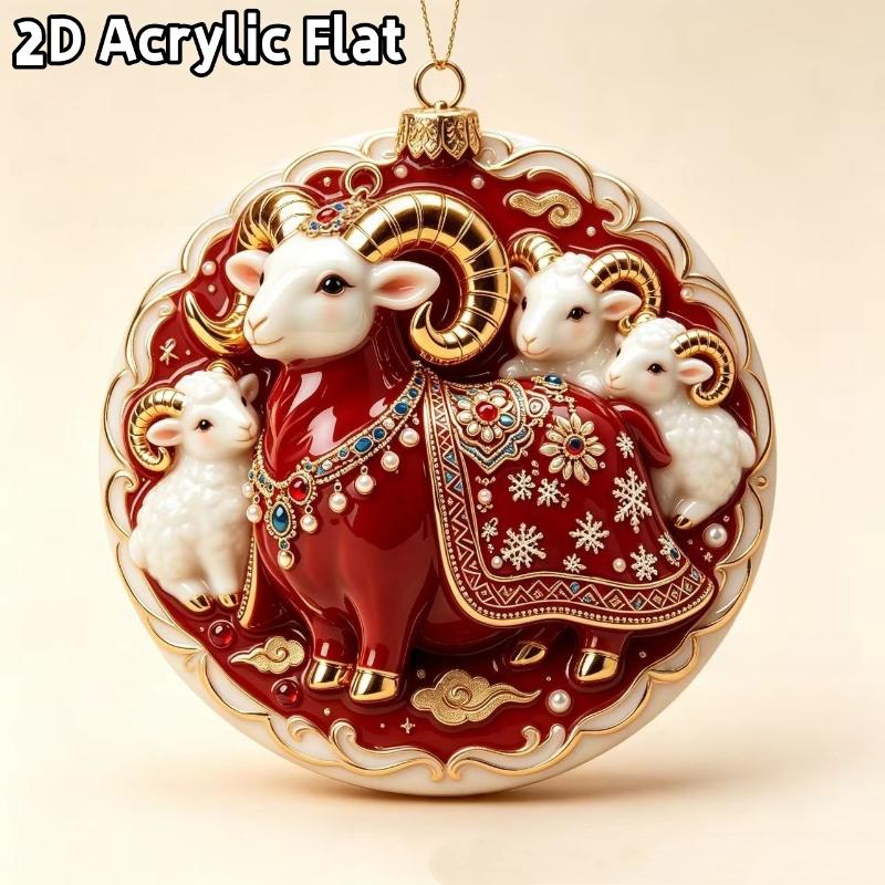 2D Flat Acrylic Christmas Hanging Pendant Red Gold Chinese Zodiac Goat Xmas Tree Ornament New Year Car Pendant