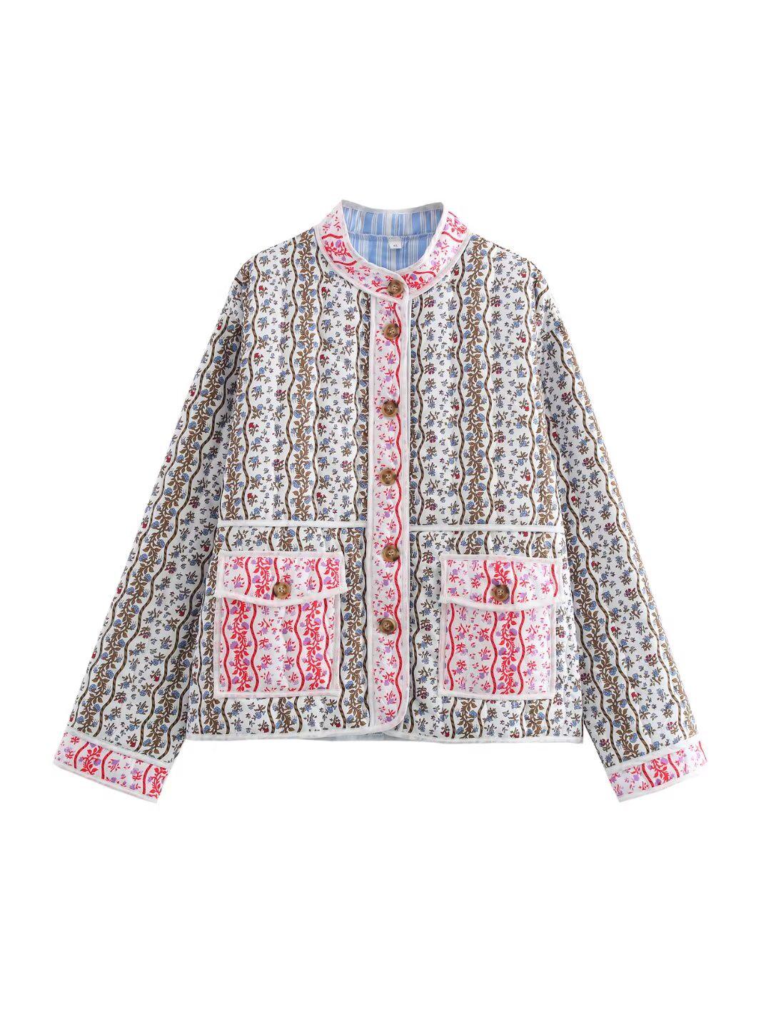 

2024 Осень/Зима Французский Милый Стиль Цветочная Куртка на Хлопковой Подкладке - Свободный Крой, Длинный Рукав, Однобортная, Дизайн в Стиле Колорблок Large