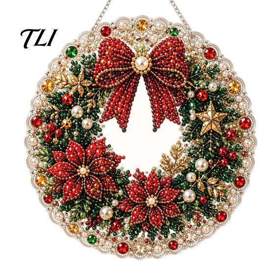 Transparent Acrylic Craft Decor Christmas DIY Faux Diamond Painting Hanging, Santa Wreath Pendant, Pearl Red Green Gifts Beads Kit for Wall