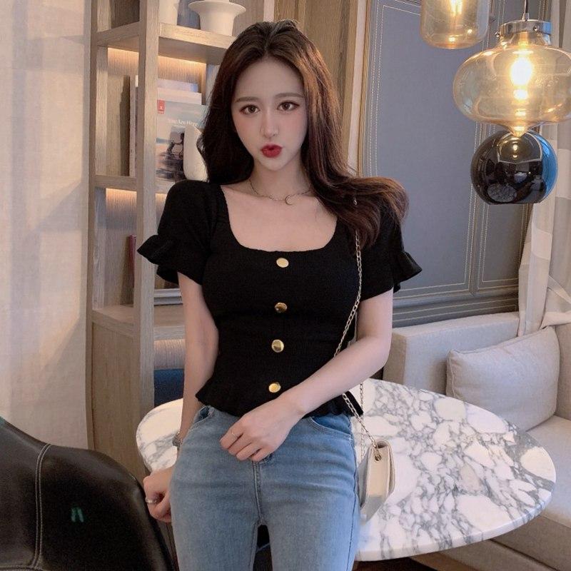 Women Summer Knitted T-shirt Tops Square Collar Short-sleeved Slim Ruffled Ice Silk Outer Wear Short Solid