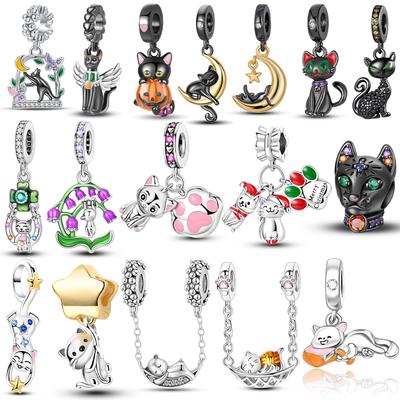 Original Cobre Gato Preto Lua Pata de Gato Pingentes Charms Miçanga Serve Pulseira Mulheres Joias Faça Você Mesmo Presente de Aniversário Acessórios
