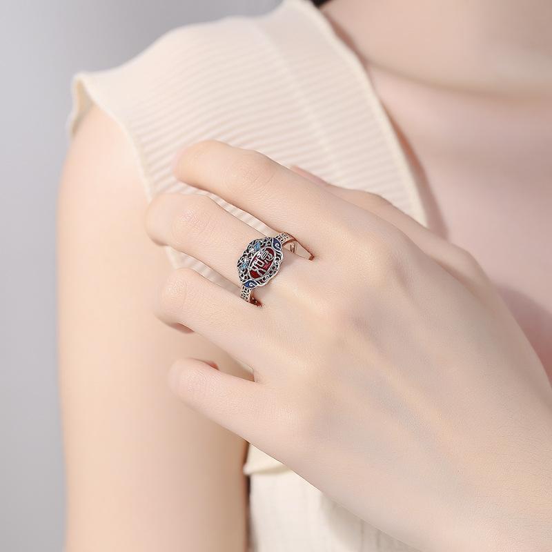 Enamel Mortilore Lan Jixiang Ruyi Ring Women 'S Personal Hollow Culture Retro National Celestial Orals Merbers 