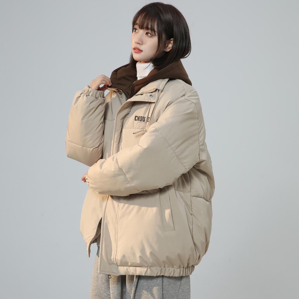 2025 fake two simple cotton jackets women's winter high street American retro hooded bread clothes trendy couple padded clothes