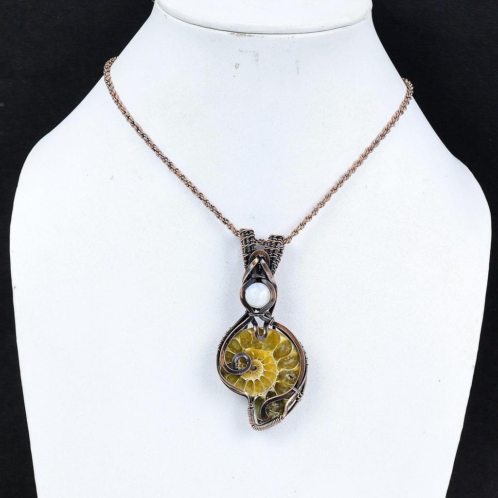Ammonite Fossil 999 Copper Wire Wrapped Pendant, Handmade Gemstone Jewelry Pendant For Memorial Day