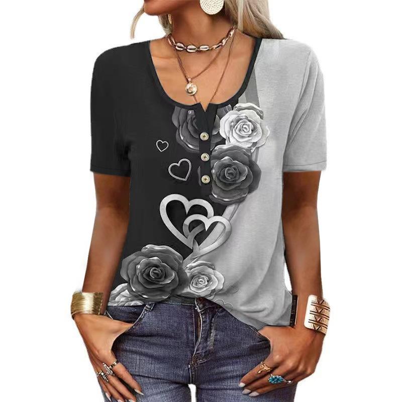 Elegant T-shirt Ladies Short-sleeved Fashion Ethnic Style Loose Retro Casual Button Shirt 3d Floral Print Loose Summer Top