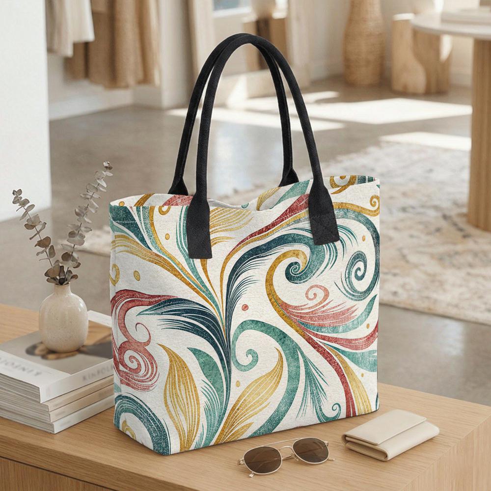  Bohemian Swirl Print Tote Bag Large Capacity Casual Canvas Shoulder Bag for Daily Use