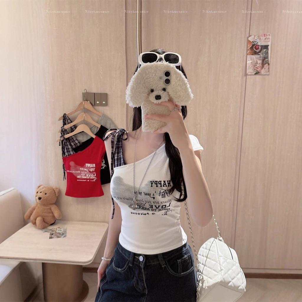 #Summer New Sweet and Sexy Letter Printing Plaid Strap Sling Vest Integrated with Chest Pad