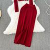 Retro Fashion Suit Spice Spice Style Round Neck Short Top + High Waist Slit Knit Skirt Two Piece Set