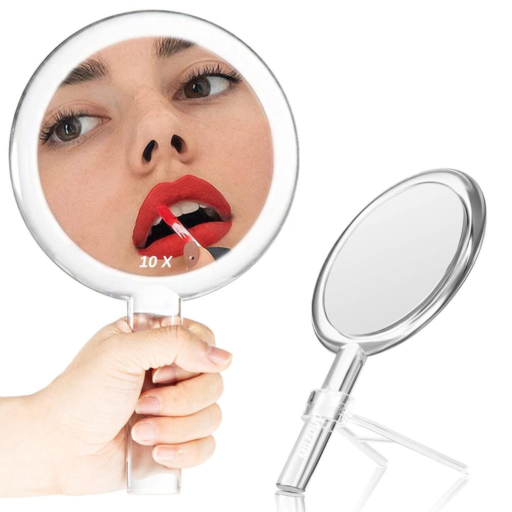 MILEDUO Handheld Makeup Mirror with 1x and 10x Tabletop Stand Round Cosmetic Clear Mirror, Double-Sided Magnification, Handle-Mounted Double-Sided