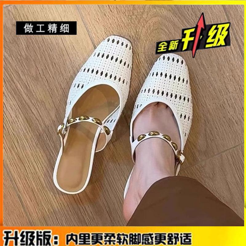 Sheepskin version~ retro square head hollow bag head sandals women's versatile shallow mouth breathable casual shoes single shoes