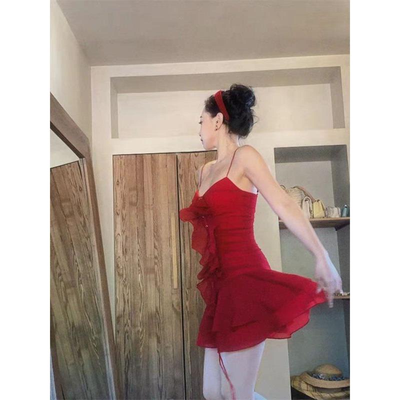 French Sweet Party Mini Dresses Women Summer PNew Lace-up Strap Dress Female Korean Fashion Solid Slim Flounce Fairy Dress 2024