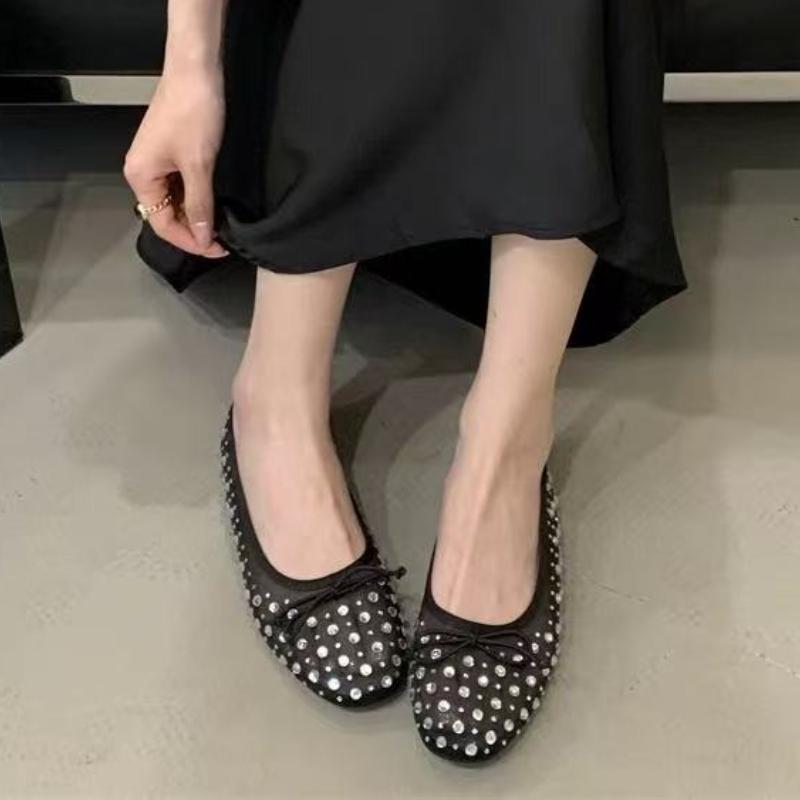 Fashion Bling Rhinestone Mesh Ballet Flats for Women Fashion Round Toe Bowknot Breathable Mary Jane Shoes Elegant Dress Flat Sandals