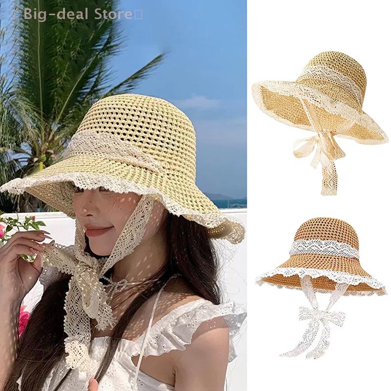 Women's Lace-Up Visor Straw Hat, Wide Large Brim, Foldable Sun Hat for Summer Beach, UV Protection Cap