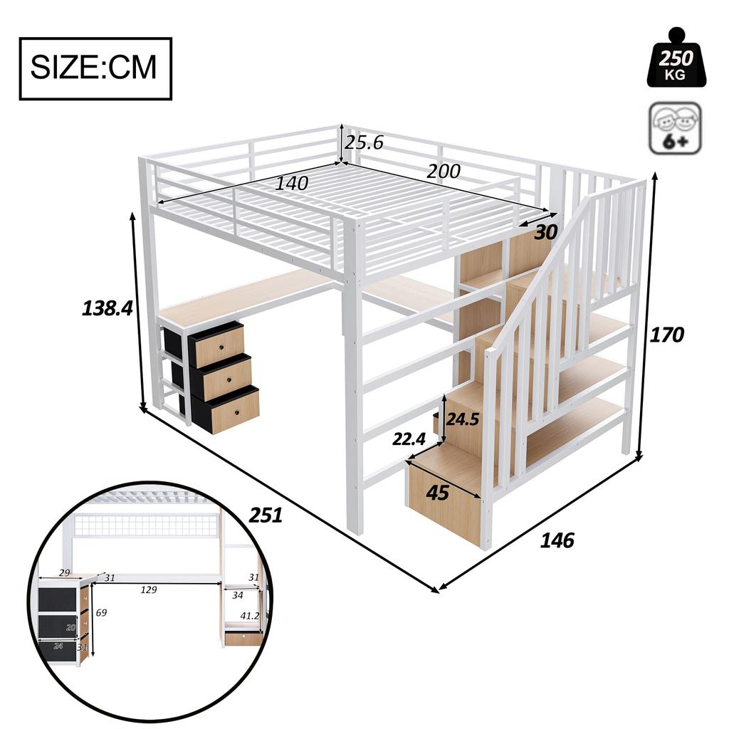 Loft bed, 140 x 200 cm, iron frame, storage compartment, 4 drawers, hanging grid, LED light strip, desk, storage staircase, without mattress, white