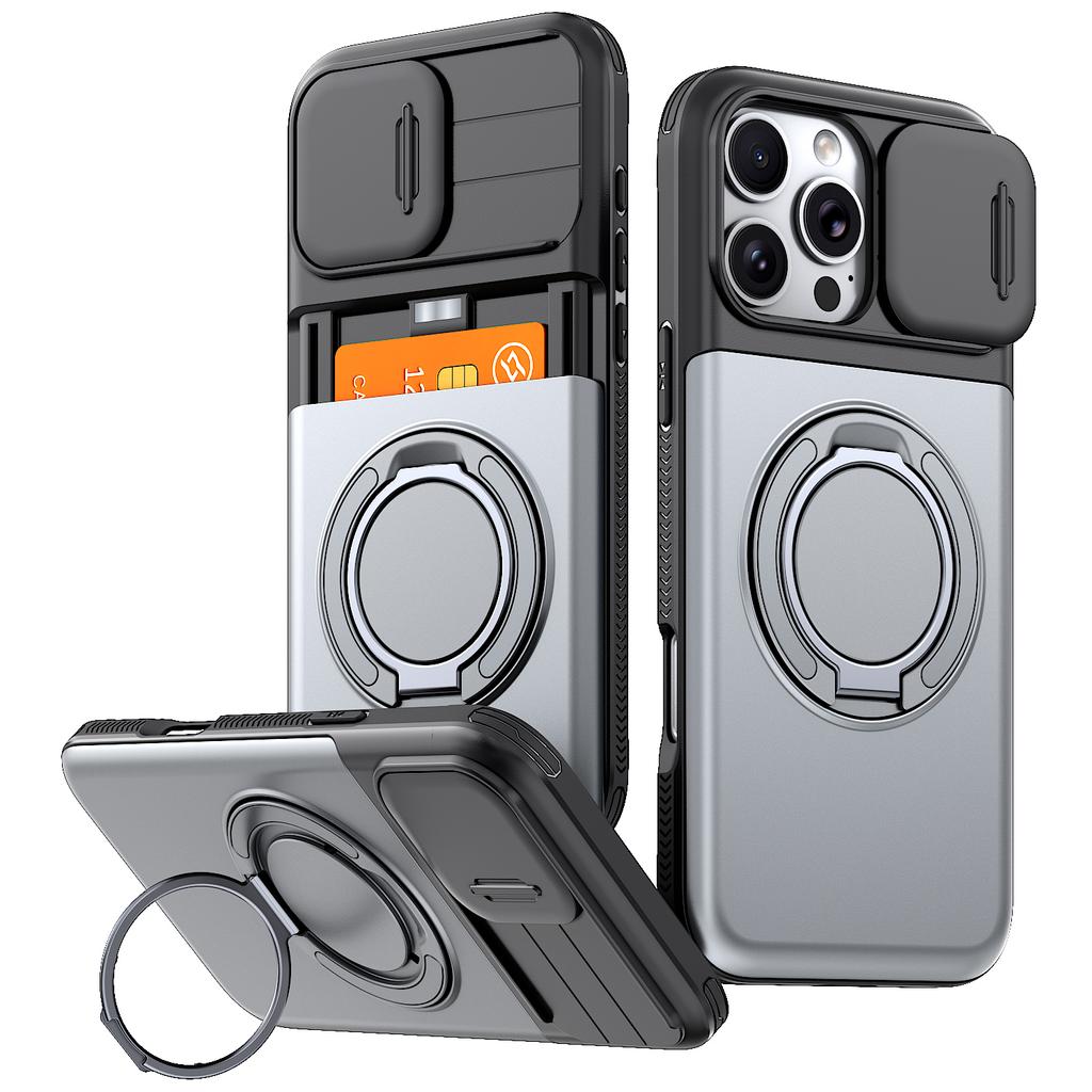 Case For iPhone 17 16 12 13 14 15 Pro Max Plus 16e 17e Cover Slide Lens Protective With Card Magnetic Ring Holder Armor Fundas