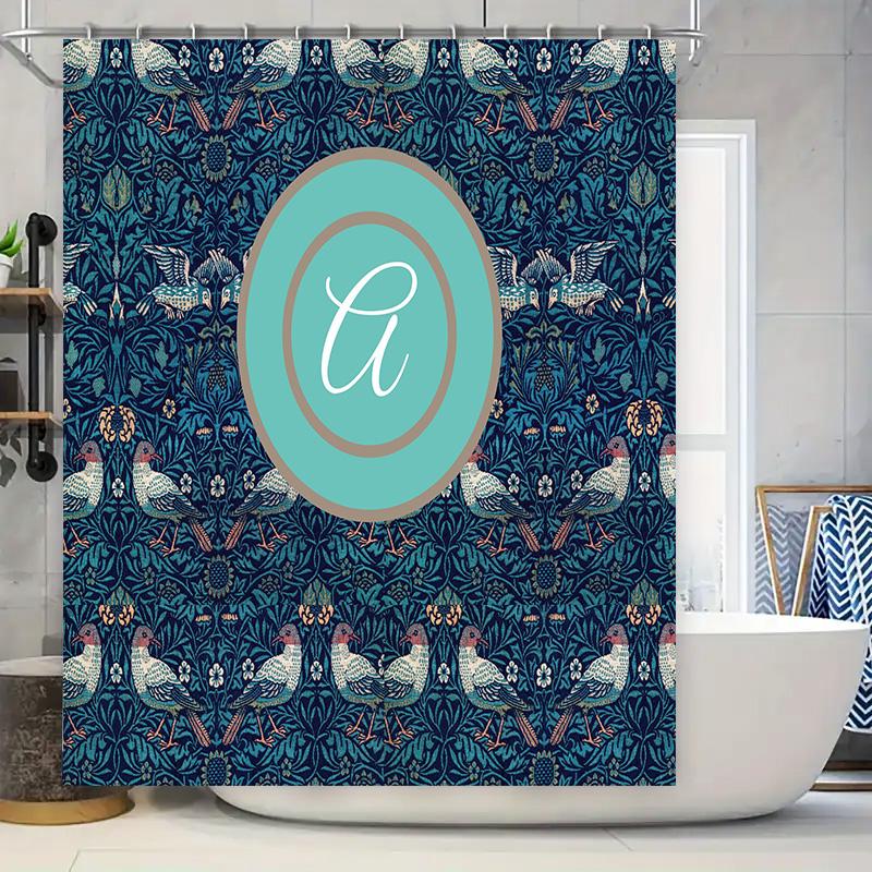 

Vintage Blue Floral Shower Curtain with Monogram for Bathroom Decor Printed Fabric, Waterproof Bath Mat Set in Various Sizes 90x180cm