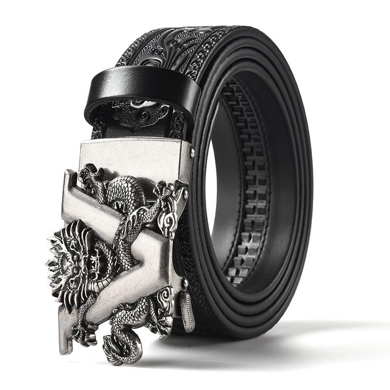 Men's Retro Dragon Head Genuine Leather Belt with Carved Embossed Design