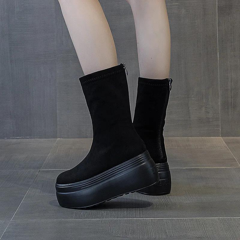

Модные 8 см Платформа Танкетка Зимне-осенняя обувь из микрофибры Плюшевые ботфорты до колена Женские плюшевые современные на скрытом каблуке Модные 33