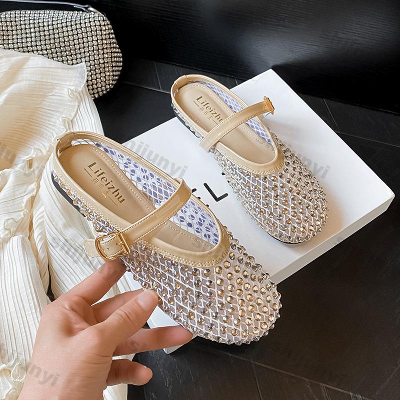 Fashion Women's Shoes 2025 Summer Size 43 Rhinestone Sandals Comfortable Buckle Strap Flats Lightweight Hollow Breathable Slippers