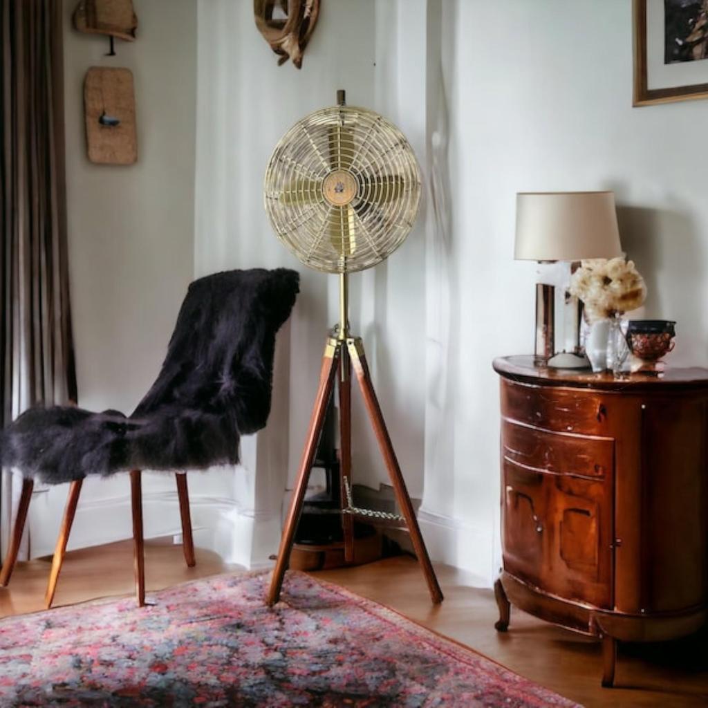 Floor Fan Nautical Brass Antique Finish with Brown Wood Tripod Pedestal Floor Fan | Retro Industrial Modern Twist with Unique Design Decor