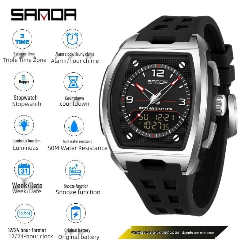 Sanda Dual Display Multifunctional Waterproof Luminous Men's Wristwatch
